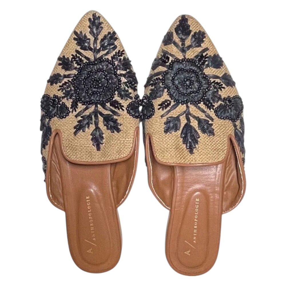 Anthropologie Beaded Floral Raffia Mules in Black and Tan